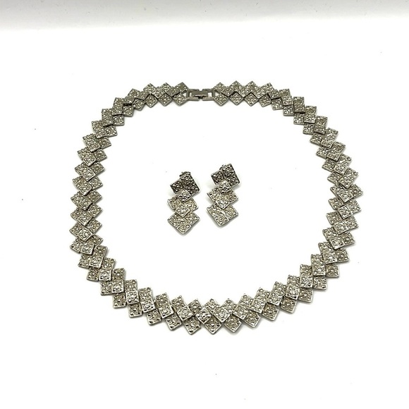 Vintage Necklace  Geometric Link Necklace and Earrings Set Silver Tone Sparkling - Picture 5 of 10